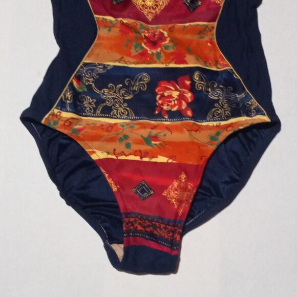 Vtg Sirena One Piece Swimsuit-Size 8-Floral-Built In Bra-Gold Trim-Wide Straps - Picture 4 of 10